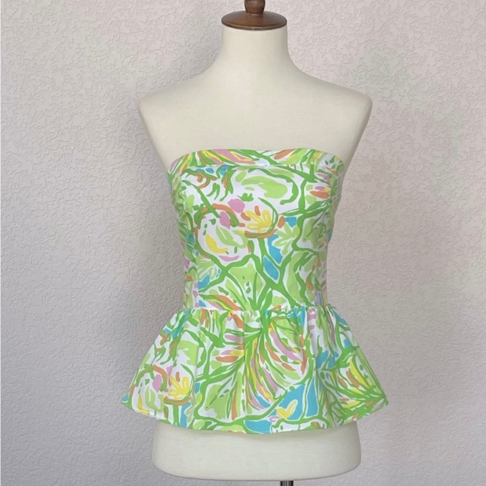 NWOT Lilly Pulitzer green and white strapless peplum top in elephant ears print